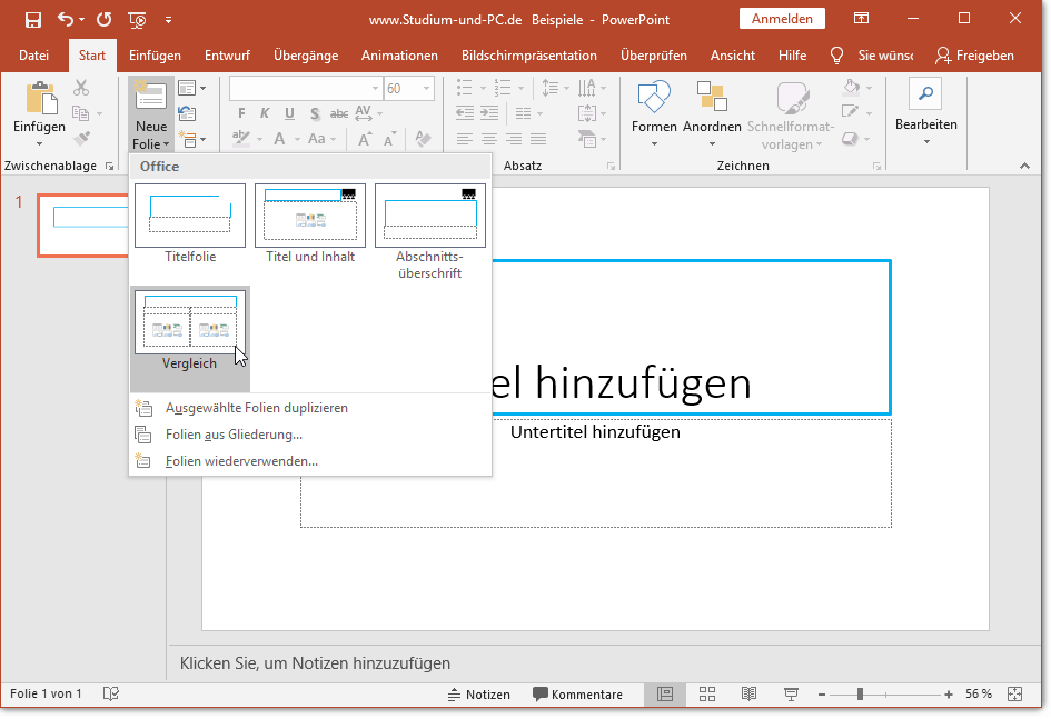 aufgeräumte Auswahl beim Anlegen von neuen Folien