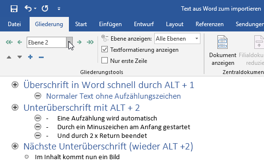 Gliederung Word mit Ebene 1 und 2 für PowerPoint-Import Folientitel und Aufzählungspunkte