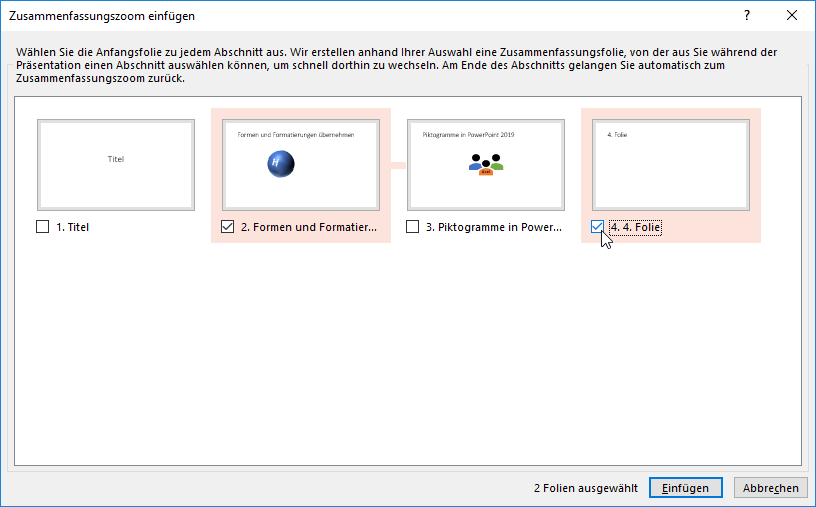 Zusammenfassungszoom: gewünschte Folien einfügen