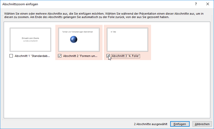 gewünschte Abschnitte für Abschnittszoom auswählen