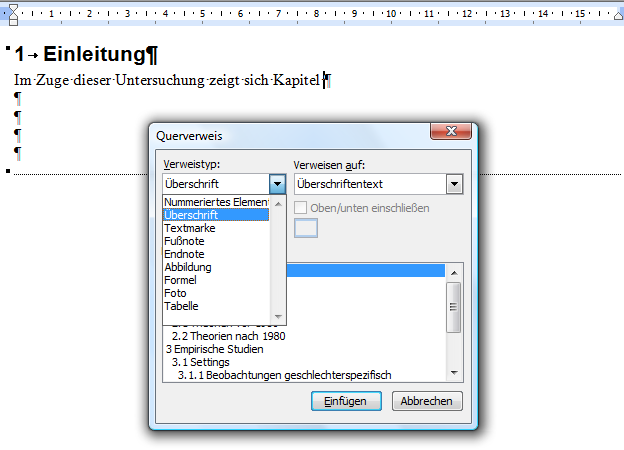 Verweistyp des Querverweis in Word