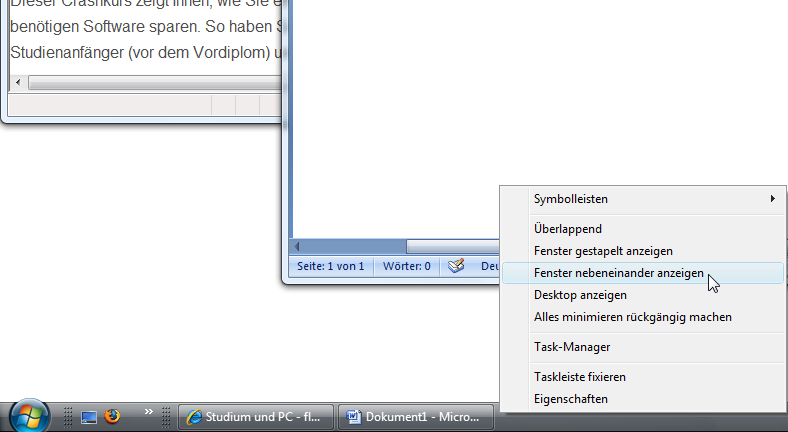 Fenster nebeneinander anordnen durch Klick auf Taskleiste