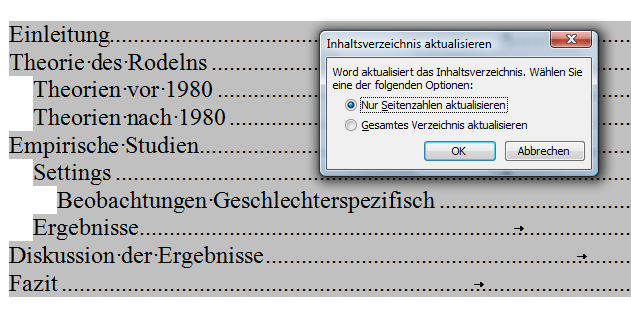 Seitenzahl aktualisieren bim automatisches erstellten Inhaltsverzeichnis