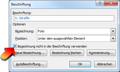 Beschriftungen ohne Bezeichnung aber mit Nummerierung in Word