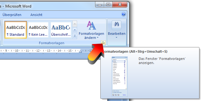 Anzeige der Formatvorlagen in Fenster in Word 2007