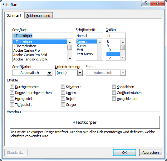 Einstellungen für die Schrift für die Formatvorlage