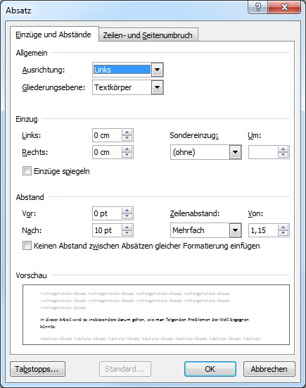 Formatvorlagen einstellen – Reiter Einzüge und Abstände