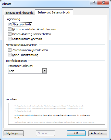 Einstellungen für Formatvorlagen: Zeilen- und Seitenumbruch