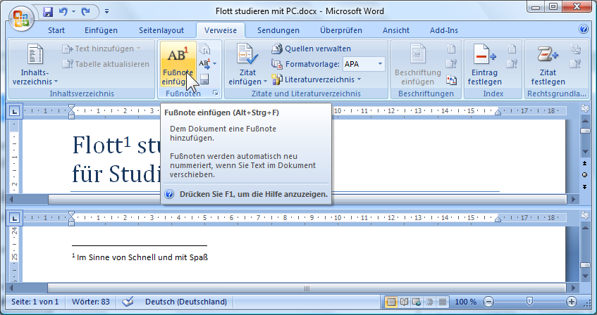 Fußnote im Text aufnehmen