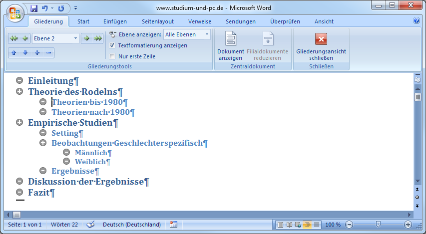 Gliederungsansicht in Word 2007