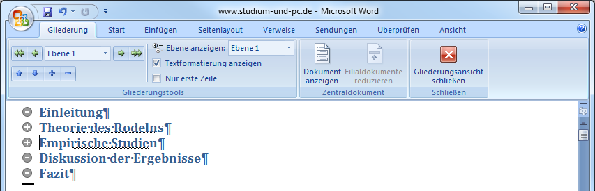 eingegrenzte Gliederung aktiv in Word 2007