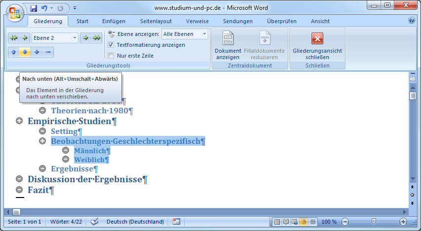 Bereiche der Gliederung verschieben in Word 2007