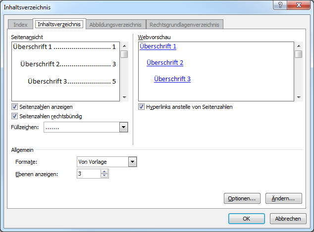 Inhaltsverzeichnis einfügen – Einstellmöglichkeiten in Word 2007