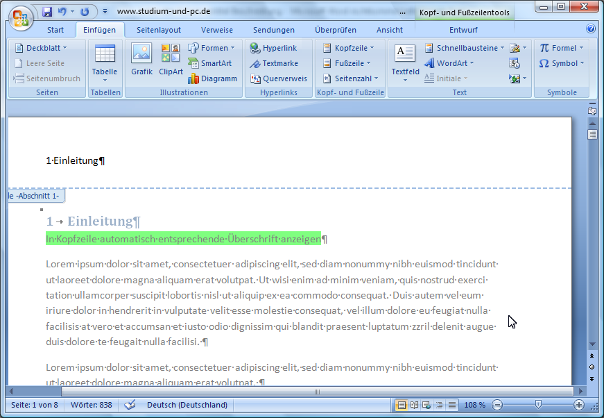 Ergebnis der lebenden Kolumnen in Word 2007