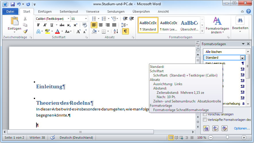 Formatvorlagen Anpassen In Microsoft Word 2010