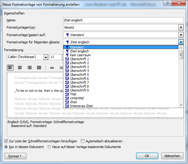 Ansicht der Einstellungsmöglichkeiten für Formatvorlage für folgenden Absatz