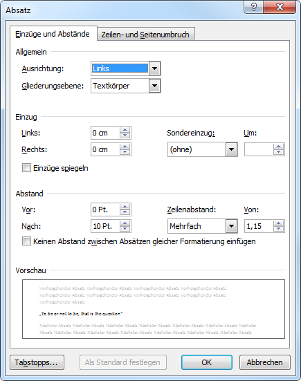 Ansicht des Fensters Absatz – 1. Reiter