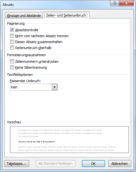 Ansicht des Fensters Absatz – 2. Reiter