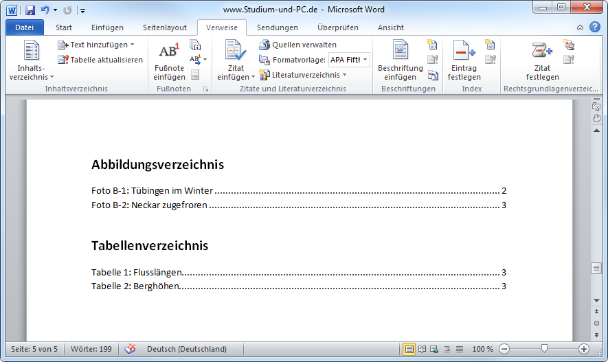 Ansicht des Abbildungs- und Tabellenverzeichnisses im Text