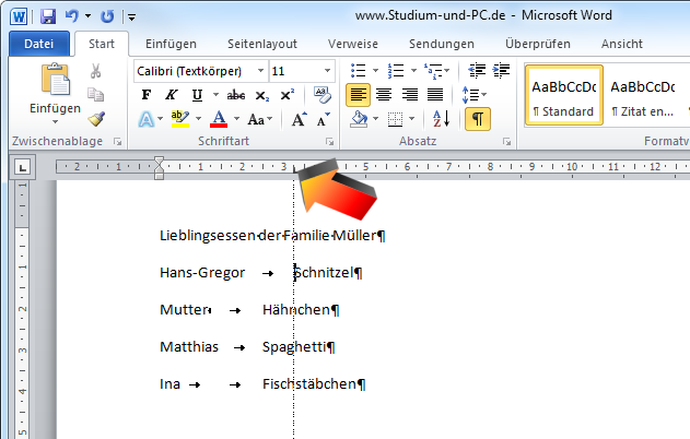 Deutliche Darstellung des Tabs über Lineal und dünne Linie