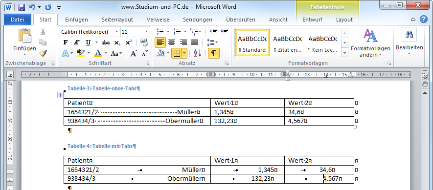 Tabulatoren in einer Tabelle