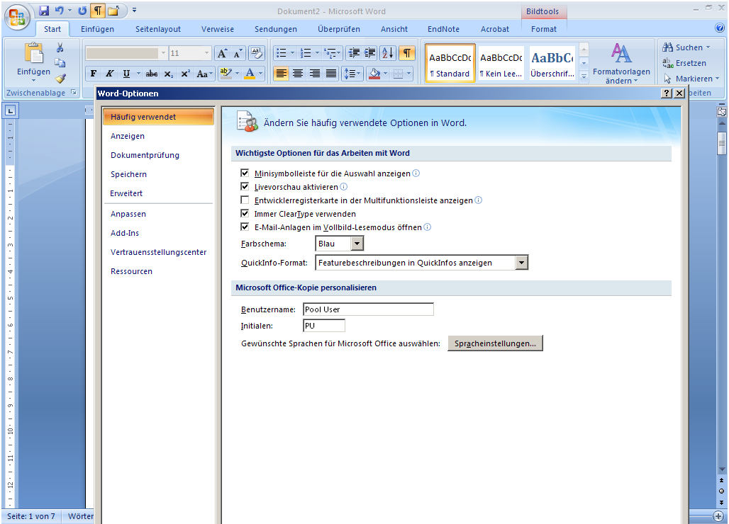 Ansicht des Fensters – Word-Optionen