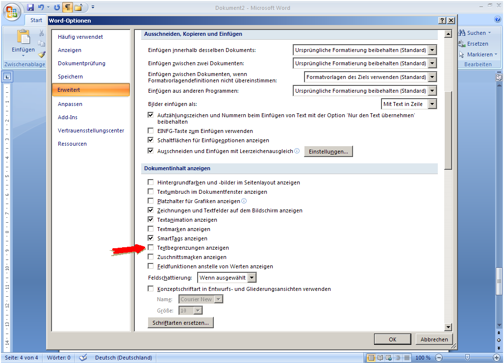 Fenster – Word-Optionen – Erweitert - 2