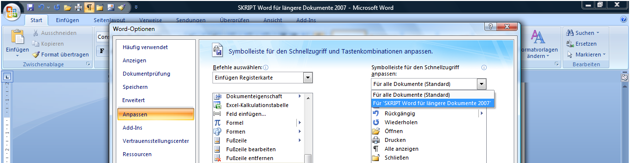 Erweiterung für bestimmtes Dokument auswählen