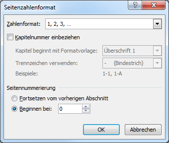 Seitenzahl beginnt ab Zahl X