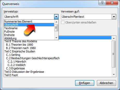 Verweistyp des Querverweises auswählen