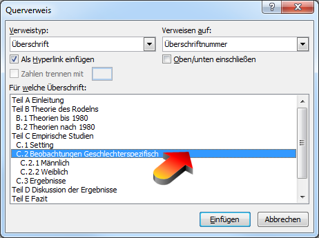 für welche Überschrift für Querverweis auswählen