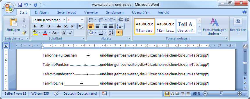 Beispiel für die verschiedenen Füllzeichen bei Tabstopps